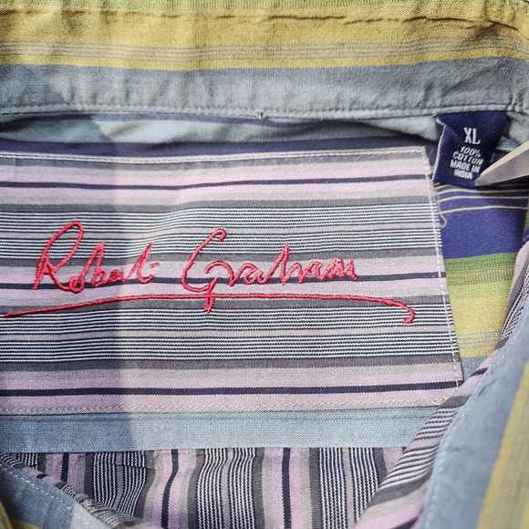 Robert Graham XL Men's Button Shirt Purple Striped Flip Cuff Embroidered - Picture 3 of 6
